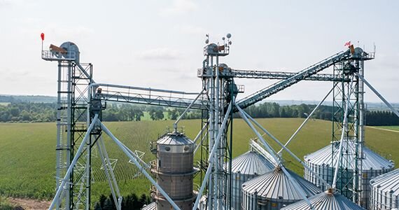 the elevators and conveyors at the top of a standard grain system